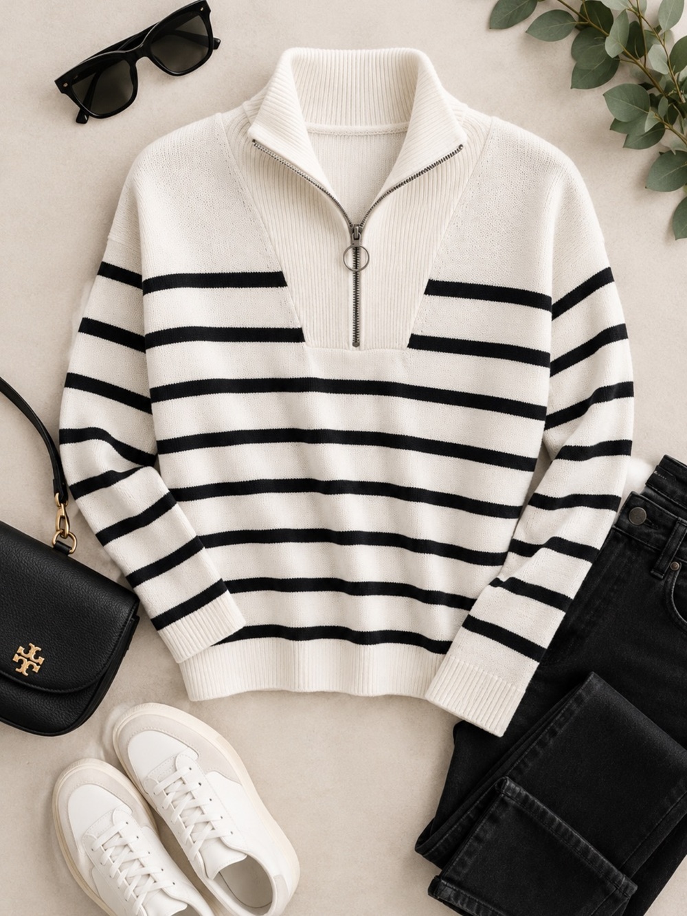 Reitmans Cream and Black Striped Half-Zip Cowl Sweater